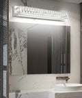 Modern Over Mirror Bathroom Light Fixture 30 Inch LED Vanity Bar Crystal Chrome Dope White Daylight 6000K Energy Efficient Easy Install Luxury Bath Lighting With Crystal Glass Diffusers mounted above a mirror in a bathroom.