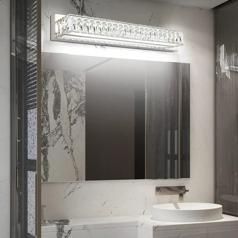 Modern Over Mirror Bathroom Light Fixture 30 Inch LED Vanity Bar Crystal Chrome Dope White Daylight 6000K Energy Efficient Easy Install Luxury Bath Lighting With Crystal Glass Diffusers mounted above a mirror in a bathroom.