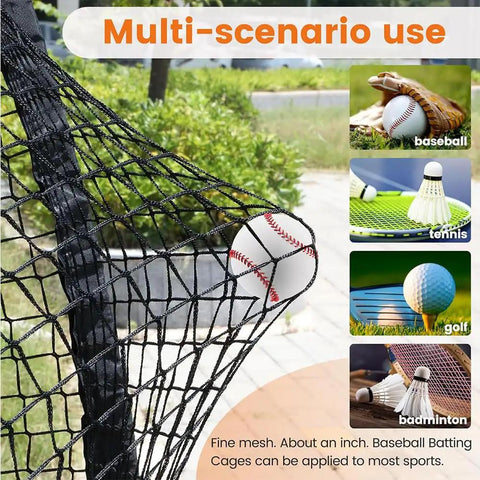 Close-up of 22 Ft Baseball and Softball Batting Cage With Pitching Backstop, showing multi-sport use with baseball, tennis, golf, badminton.
