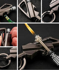 Collage of Infinity Lighter Forever Match With Multitool Keychain Bottle Opener Waterproof Reusable Matchstick, shown in use.
