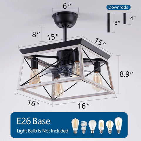 Rustic Farmhouse Caged Ceiling Fan With Light and Remote, 4 Light Metal Ceiling Fan dimensions with E26 bulb types shown