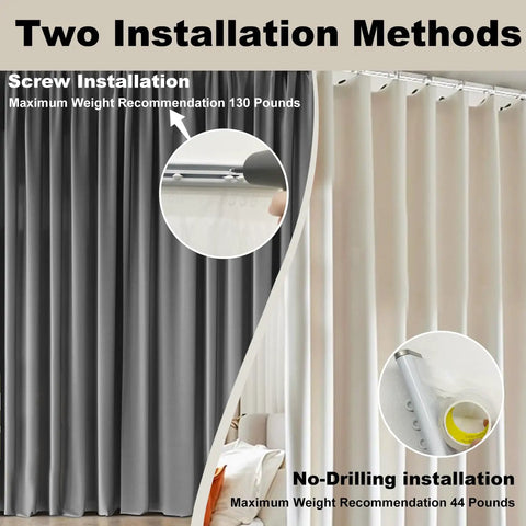 Ultra Thin Aluminum Ceiling Curtain Track System For Inward Opening Windows, shown with screw and no-drill installation options