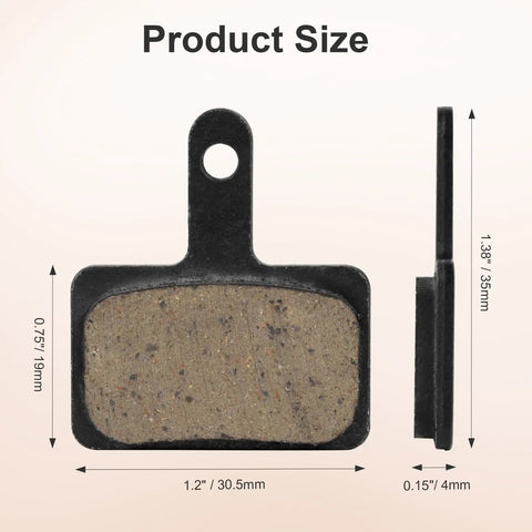 Two Pairs Semi-Metallic Bike Brake Pads For Disc Brakes, product size shown with dimensions in millimeters and inches