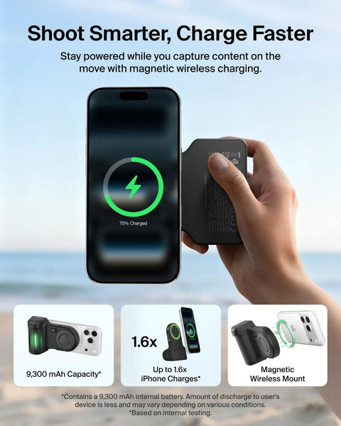 Hand holding Magnetic Wireless Camera Grip Power Bank 9300mAh with phone displaying charging status on beach.