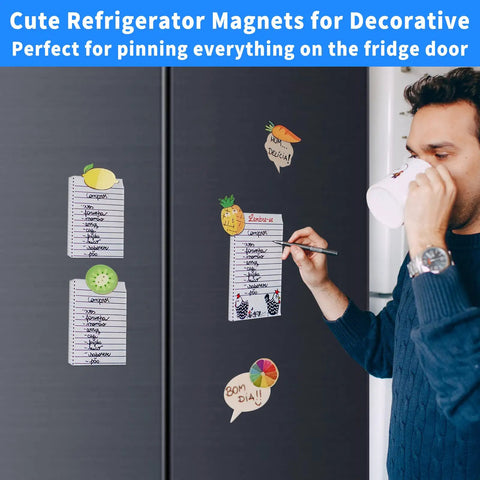 Man using fridge door with cute magnets and notes, highlighting fridge functionality.
