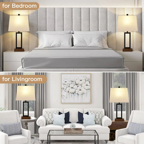 Set Of 2 Modern Bedside Lamps With USB Ports And AC Outlet 23.5 Inch Tall Wood Base with Linen Shade in bedroom and living room