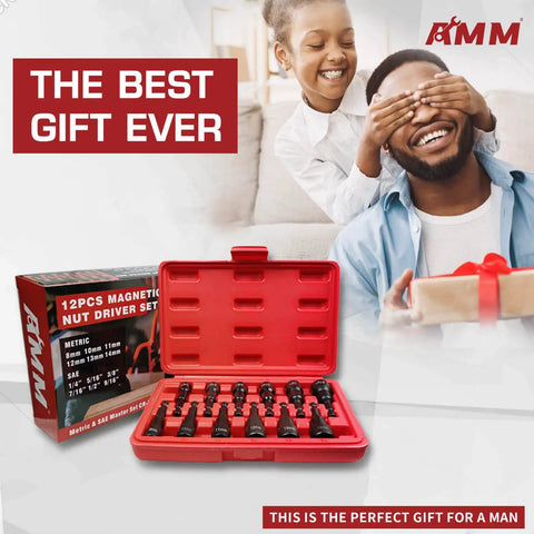 Magnetic Nut Driver Set With Chrome Vanadium Steel Twelve Piece Kit For Impact Drills Includes SAE Sizes shown as a gift.