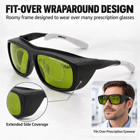 Game Changers Multi Wavelength Laser Safety Glasses Built Tough For Pro Hair Removal And Tattoo Parlors Rocking Legit IPL Eyewear Shields, fit-over wraparound design.