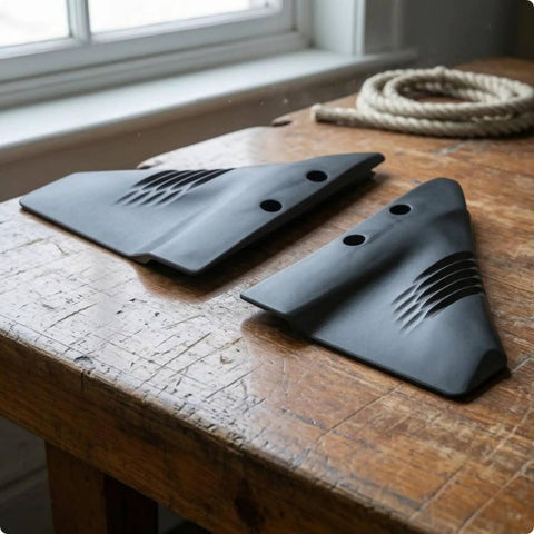 Outboard Hydrofoil Stabilizer With Mounting Holes Molded Fin For Stern Drive Boats on wooden table, showing two bolt-on units