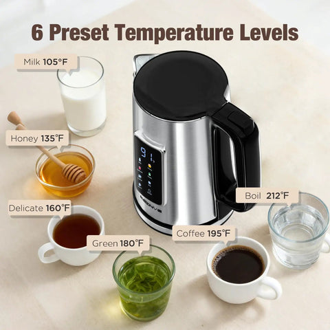 1.7L Electric Kettle With Touch Screen Control, Fast Boil, Auto Shut Off, Double Wall Design, Six Temperature Presets For Tea And Coffee