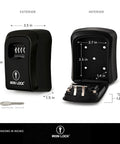 Heavy-Duty Key Lock Box Wall Mount with 4-Digit Combination showing exterior and open interior dimensions, black metal safe.
