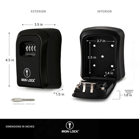Heavy-Duty Key Lock Box Wall Mount with 4-Digit Combination showing exterior and open interior dimensions, black metal safe.