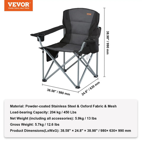 Oversized Camping Folding Chair With Quad Lumbar Back Support shown with dimensions and materials