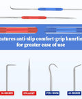 Hella Tough Dual End Metal Scribe Set With Straight Hook And Angled Picks Four Tip Layout Marking Tools for Machinists, showing various tip designs.