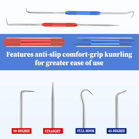 Hella Tough Dual End Metal Scribe Set With Straight Hook And Angled Picks Four Tip Layout Marking Tools for Machinists, showing various tip designs.