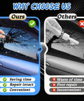 Comparison image showing Windshield Crack Repair Kit 2025 Upgrade Nano Glass Repair Liquid application and ineffective method with icons.