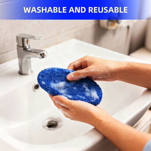 Blue microfiber windshield cleaning pad being held with soap suds over a bathroom sink