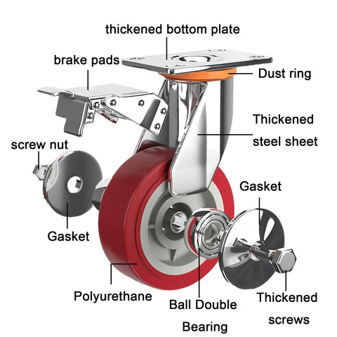 Heavy Duty Caster Wheels With Top Plate Swivel Noiseless Polyurethane Casters For Furniture Workbenches Carts And Garden Wagons Non Marking Floor Friendly Smooth Push And Pull showing detailed parts labeled