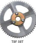 Close-up view of a T8F 58T sprocket with three studs for a Complete 29 Inch Rear Live Axle Kit Beefed Up For Go Karts.