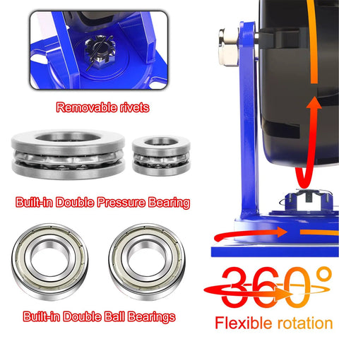 Badass Heavy Duty Industrial Casters Set Of Four Durable Rubber Swivel Wheels With Dual Locking Brakes showing removable rivets and ball bearings.