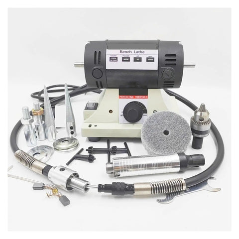Kickin Power 800W Bench Grinder And Polishing Machine For Woodworking And Jade Carving With Quick Adjust Professional Grade Motor And Flexible Shaft Handle components arranged with motor, flexible shaft, and tools.