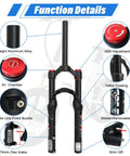 Annotated diagram of 20 Inch Mountain Bike Front Suspension Air Fork with details on ABS Adjustment, Air Chamber, and 74mm disc brake.