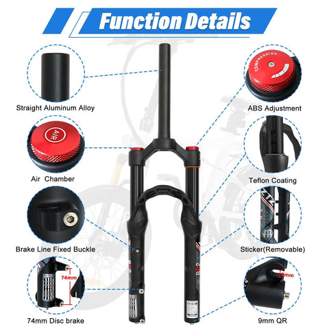 Annotated diagram of 20 Inch Mountain Bike Front Suspension Air Fork with details on ABS Adjustment, Air Chamber, and 74mm disc brake.