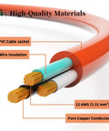 Close-up of 100 Ft 12/3 Outdoor Extension Cord Waterproof Heavy Duty 12 Gauge SJTW 15A 1875W ETL Listed Orange wiring details.