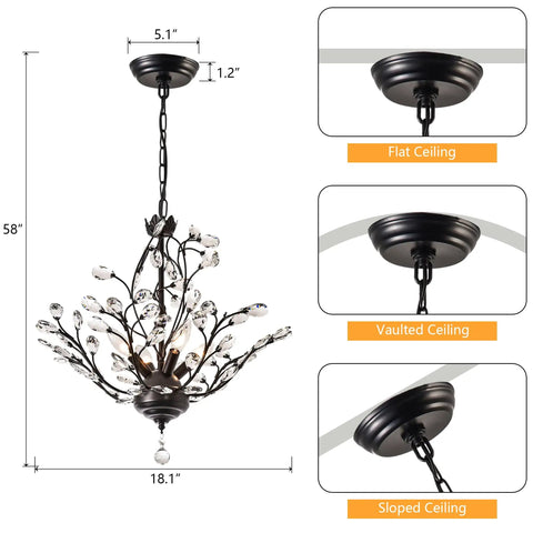 18 Inch Black Crystal Chandelier With 4 Lights, shown with adjustable chain and ceiling mount options, luxe matte black finish.