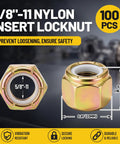 100 Pack 5/8 11 Grade 8 Lock Nuts Nylon Insert Heavy Duty Hardware Bulk Set showing detailed measurements for secure locking.
