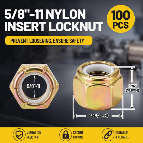 100 Pack 5/8 11 Grade 8 Lock Nuts Nylon Insert Heavy Duty Hardware Bulk Set showing detailed measurements for secure locking.