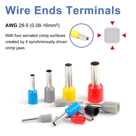 Wire Ferrule Crimp Tool Kit for AWG 30-5 0.08-16 mm2 with 1000 ferrule connectors showcasing colorful terminals.