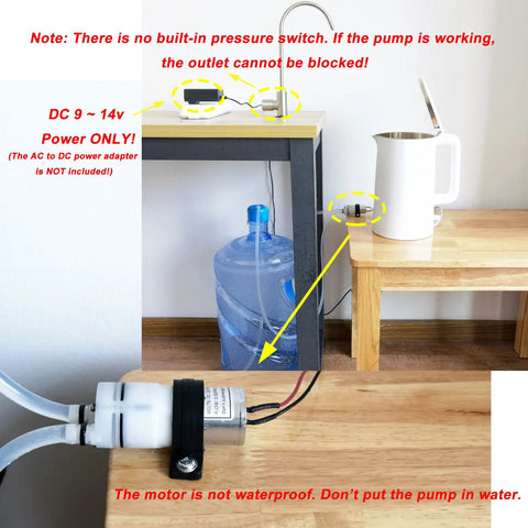 12V DC mini food grade self priming diaphragm water transfer pump setup with power supply and hose connections