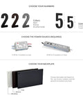 Guide on selecting numbers, power source, and 7 Inch Back Plate For Lighted Address Numbers, Rugged Stainless Steel Mount in charcoal gray.