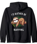 Black Sloth Zip Hoodie with "I'd Rather Be Napping" graphic featuring a sloth on a branch, cozy sleepwear for lazy days.