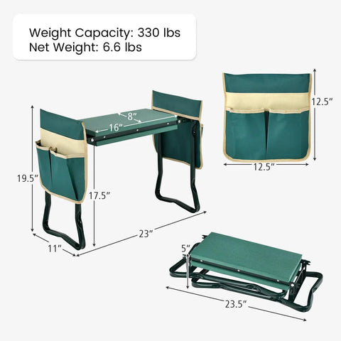 Garden Kneeler And Seat 2 In 1 Folding Gardening Stool With EVA Foam Pad And Heavy Duty Metal Frame Portable Bench With Detachable Tool Bags Perfect For Pruning Weeding Planting Great Gift For Women Men Seniors Holds 330 Lbs with dimensions and weight capacity