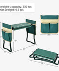 Garden Kneeler And Seat Folding Heavy Duty Bench With Removable Tool Bags For Weeding Pruning Planting And Outdoor Tasks, illustration showing dimensions and portable design.
