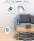 Badass 10 Foot Extension Cord With Built In Surge Protector Power Strip Six AC Outlets Four Fast Charging USB Ports Flat Wall Design Pure Copper Wiring For Your Home Setup on a table next to a couch.