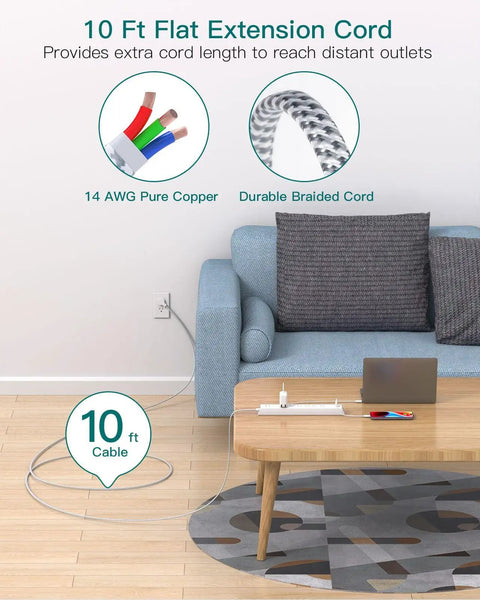 Badass 10 Foot Extension Cord With Built In Surge Protector Power Strip Six AC Outlets Four Fast Charging USB Ports Flat Wall Design Pure Copper Wiring For Your Home Setup on a table next to a couch.