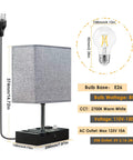 Fully Dimmable Table Lamp With Two USB Ports And Two AC Outlets Bedside Lights With Phone Slots Grey Nightstand Lamp dimensions and bulb info