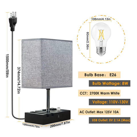Fully Dimmable Table Lamp With Two USB Ports And Two AC Outlets Bedside Lights With Phone Slots Grey Nightstand Lamp dimensions and bulb info
