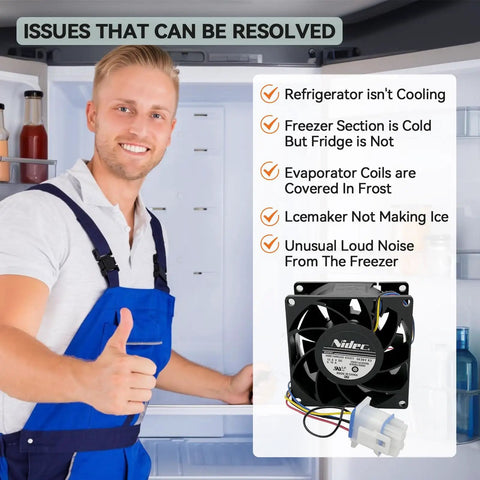 Technician showing Evaporator Fan Motor Replacement For GE Refrigerators with issues resolved list on open fridge door.