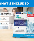 Straight Up Pro 14 In 1 Drinking Water Test Kit For Quick Lead And Bacteria Checks In City Tap Or Well Water Plus Ph Hardness And Nitrates Testing Kit on a table with test stripes and water glass.