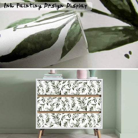 Green Leaf Peel And Stick Wallpaper Olive Leaf Contact Paper Easy Peel And Stick Self Adhesive Vinyl Roll 17.7 Inch By 118.1 Inch Ideal For Bathroom And Home Renovation Modern Farmhouse Neutral Sage Decor on drawer