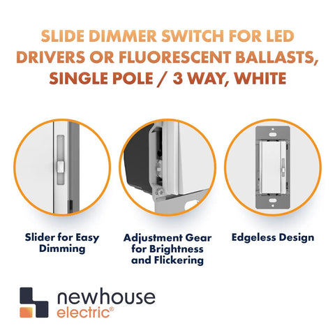 Modern White 3-Way Single Pole 0-10V Dimmer Switch For Led Drivers And Fluorescent Ballasts with slide and adjustment feature.