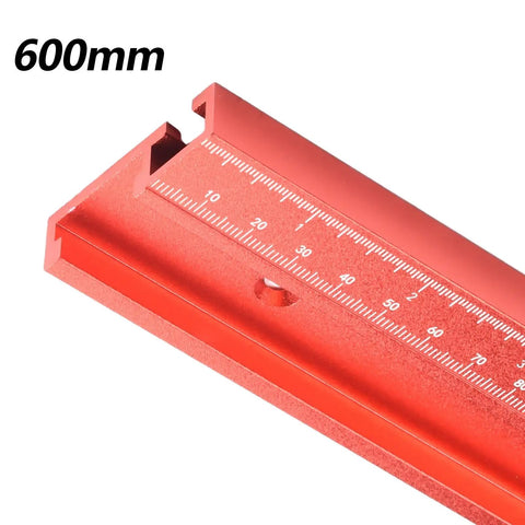 Close-up of 600mm 45 Type T Slot Miter Track for Router Tables and Saws, red aluminum with ruler markings for precise setup
