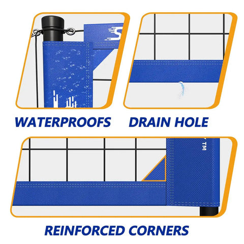 Heavy Duty Outdoor Volleyball Net Set With Anti Sag Design And Adjustable Aluminum Poles showing waterproof, drain hole, reinforced corners