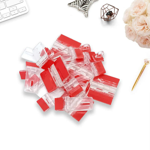 No Sweat Setup Clear Acrylic Hinges With Self Adhesive Latch Buckles Ideal For Craft Boxes Storage Solutions And Slick Organizers, set of adhesive clips with red accents.