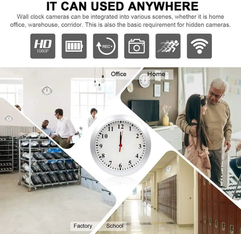 Discreet Hidden Camera Wall Clock With 1080P HD WiFi Live Feed used in office, home, factory, school settings.