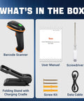 1D 2D QR Barcode Scanner With Adjustable Folding Stand And Charging Cradle, Wall Mountable 2.4G Wireless Or USB 2.0 Wired Connectivity, Vibration Alert, Model D5100 Fold contents including barcode scanner, folding stand, user manual, and accessories